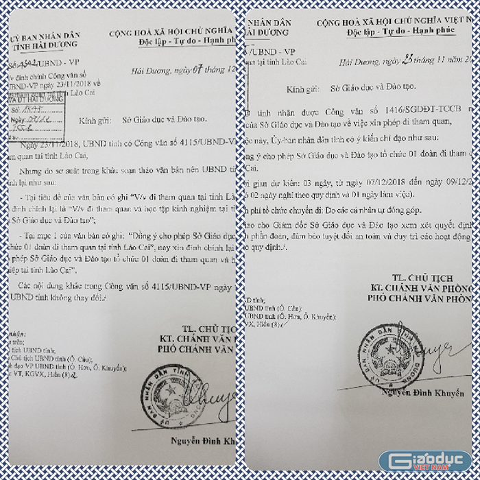 Hai văn bản do ông Nguyễn Đình Khuyến ký đồng ý cho Sở Giáo dục và Đào tạo Hải Dương đi tham quan trong ngày làm việc. (Ảnh: Lã Tiến)