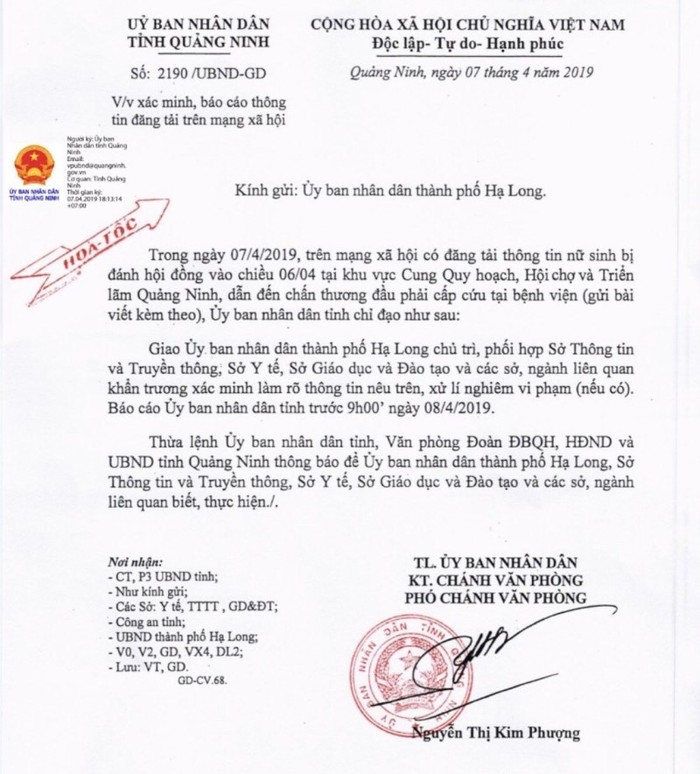 Văn bản chỉ đạo xử lý nghiêm vụ nữ sinh bị đánh hội đồng của Ủy ban nhân dân tỉnh Quảng Ninh (Ảnh: Lã Tiến)