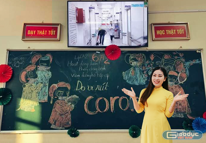 Cô giáo Nguyễn Thị Kim Liên tuyên truyền cách phòng, chống dịch bệnh do vi rút Corona gây ra thông qua tiết dạy hấp dẫn (Ảnh: Nhân vật cung cấp)