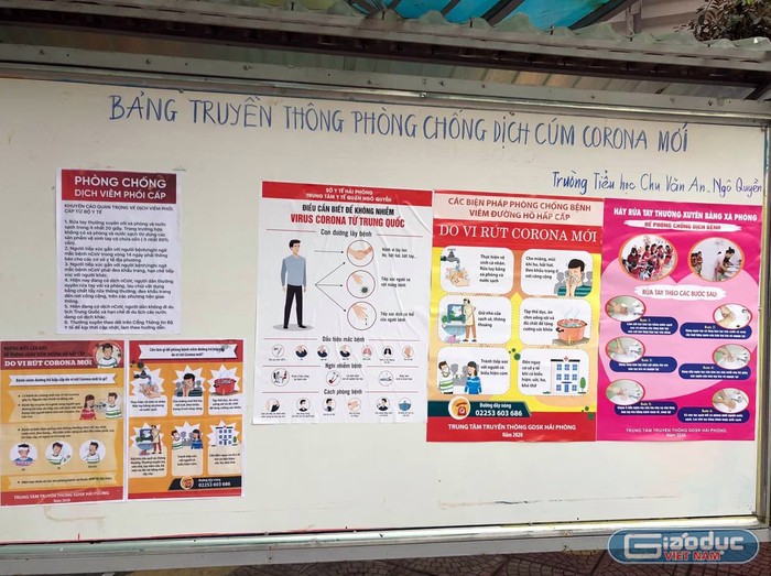 Bảng tuyên truyền phòng chống dịch bệnh do vi rút Corona gây ra của Trường tiểu học Chu Văn An (quận Ngô Quyền) (Ảnh: PD)