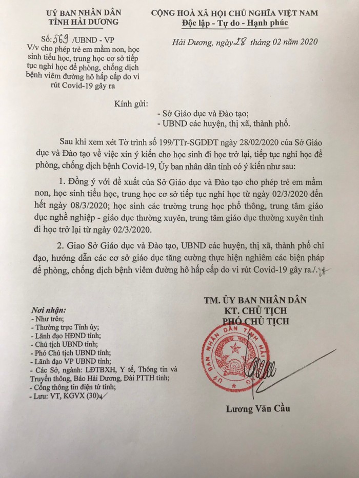 Văn bản của Ủy ban nhân dân tỉnh Hải Dương tiếp tục cho học sinh nghỉ học (Ảnh: LT)