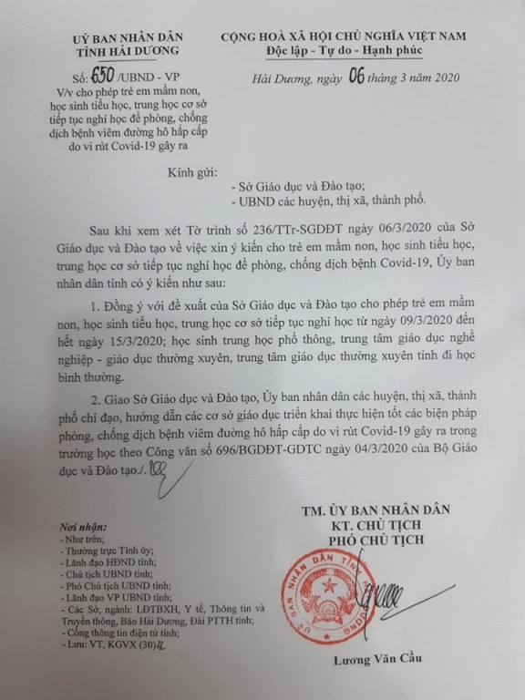 Công văn của Ủy ban nhân dân tỉnh Hải Dương về việc tiếp tục cho học sinh nghỉ học để phòng, chống dịch Covid-19 (Ảnh: LT)