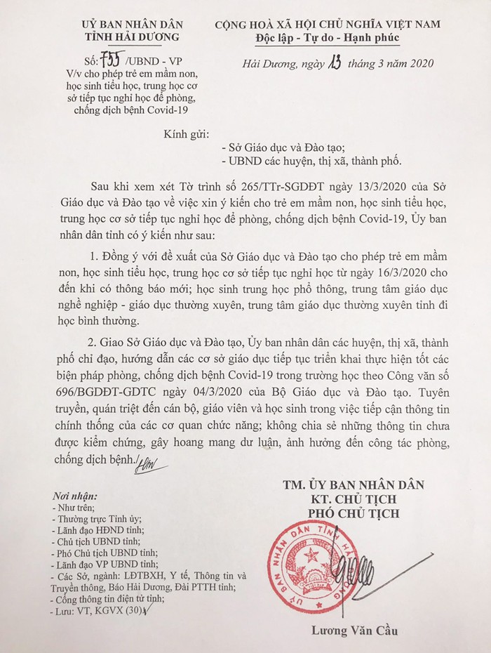 Văn bản chỉ đạo cho học sinh nghỉ học của Ủy ban nhân dân tỉnh Hải Dương (Ảnh: LT)