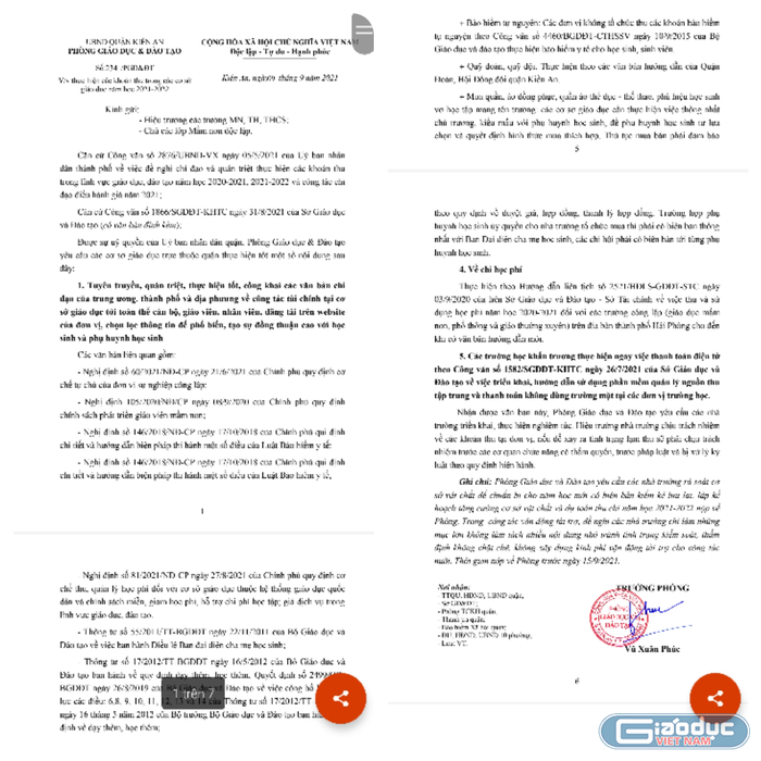 Văn bản của Phòng Giáo dục và Đào tạo quận Kiến An về thực hiện các khoản thu trong năm học 2021-2022 (Ảnh: Lã Tiến)