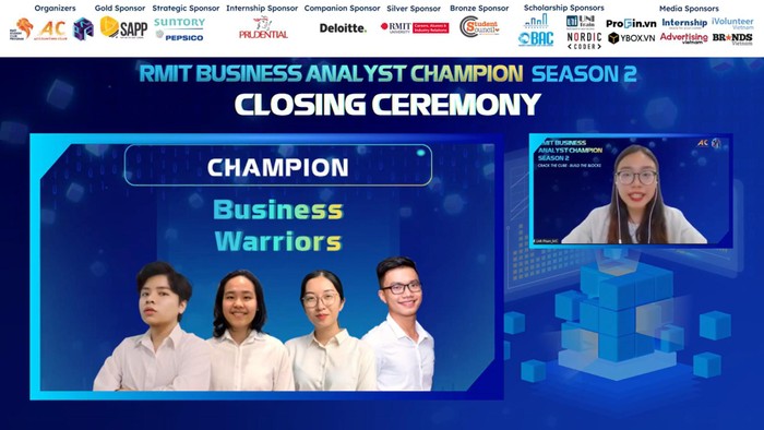 Đội Business Warriors đến từ Đại học Fulbright và Đại học Quốc tế (Đại học Quốc gia thành phố Hồ Chí Minh) xuất sắc đạt giải Quán quân (Ảnh: BTC cung cấp)