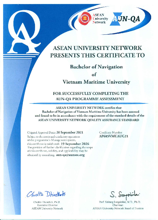 Trường Đại học Hàng hải Việt Nam đã chính thức được AUN thông báo và cấp chứng nhận đảm bảo chất lượng theo tiêu chuẩn AUN-QA cho 4 chương trình đào tạo (Ảnh: NTCC)
