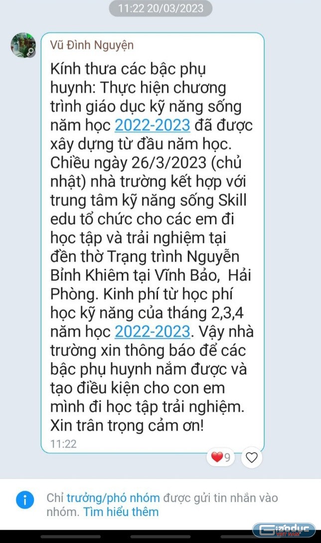 Tin nhắn thông báo đợt học tập và trải nghiệm lần thứ 3 của Trường Trung học cơ sở Tân Quang II (Ảnh: Phụ huynh cung cấp)