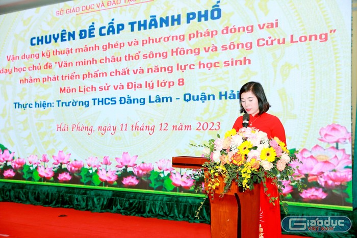 Cô giáo Nguyễn Thị Mai Hương - Hiệu trưởng Trường Trung học cơ sở Đằng Lâm phát biểu tại chuyên đề (Ảnh: MH)