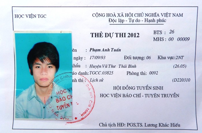 Thẻ dự thi của thí sinh Phạm Anh Tuấn.