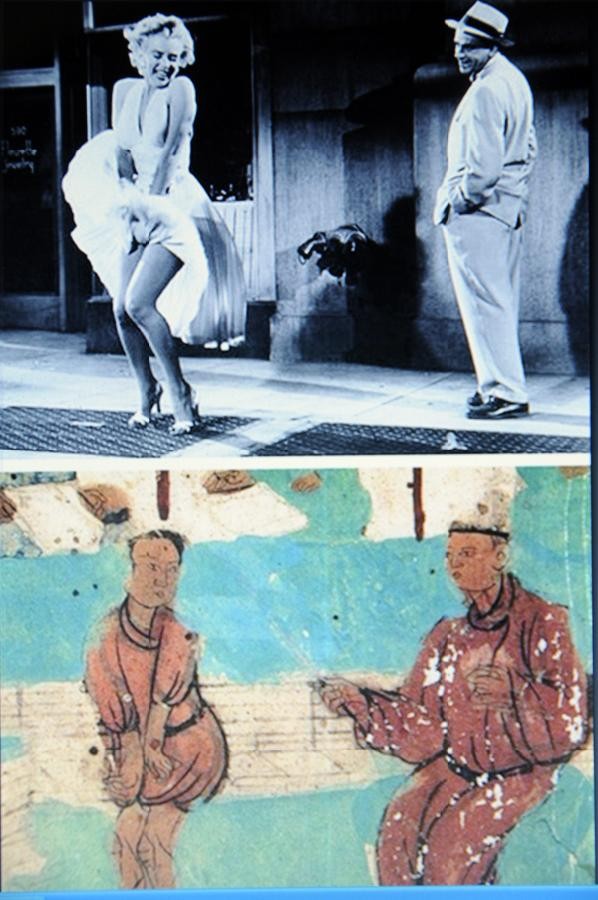 Hình ảnh cô đào Marilyn Monroe nổi tiếng trong phim "The Itch Seven Year" (trên) và bức tranh tường cổ trong các động Mạc Cao ở Đôn Hoàng (dưới).