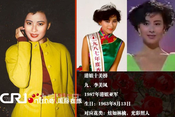Lý Mỹ Phượng, Á hậu 1 Hoa hậu Hồng Kông 1987, sinh ngày 13/8/1987.Tại cuộc thi Hoa hậu 1987, Lý Mỹ Phượng đạt giải Á hậu 1 cùng với danh hiệu người đẹp được yêu thích nhất. Bình thường ngôi vị Hoa hậu sẽ nghiễm nhiên trở thành người đẹp được ái mộ nhất, nhưng trường hợp của Lý Mỹ Phượng lại khiến người khác phải đặc biệt chú ý.