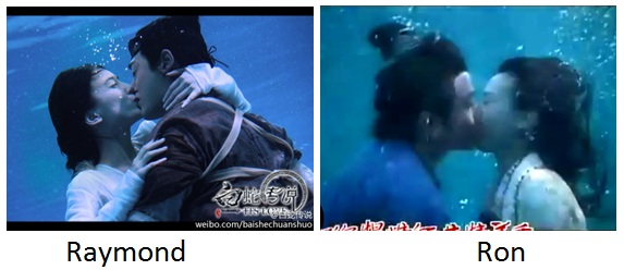 Huỳnh Thánh Y và Lâm Phong trong "Thanh xà Bạch xà" (trái) và cảnh hôn dưới nước của nam diễn viên Hông Kông Ron Ng.