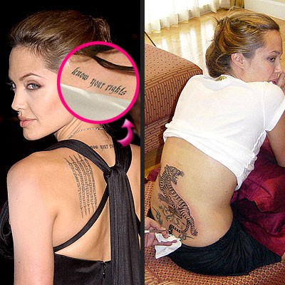 Năm 2003, Angelina Jolie đến Thái Lan và được một nhà sư ở đây dùng cây kim 15 inch cùng một cây búa con thực hiện công việc “khắc” 5 dòng kinh Phật bằng chữ Thái cổ lên bả vai trái của Jolie với ý nghĩa mang lại may mắn, xua đuổi ác quỷ. Một năm sau, một chú hổ được xăm ở vùng lưng dưới trong 2 tiếng đồng hồ để hoàn thành.