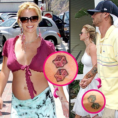 Tháng 5/2004, Briney Spears và chồng cũ Kevin Federline khi đó đang hẹn hò và hai người cùng xăm hình hai viên xúc xắc ở cổ tay khi cặp đôi hẹn hò ở Dublin, Ireland. Hình xúc xắc màu hồng trên cổ tay Britney và màu lam trên tay Kevin.