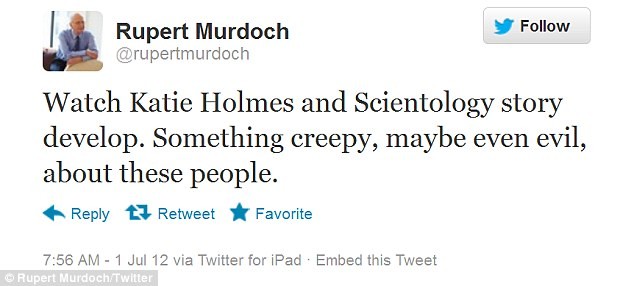 Những lời chỉ trích của ông trùm truyền thông trên Twitter khi cho rằng "giáo phái Scientology thật đáng sợ, thậm chí là quái quỷ". Ảnh. Daily Mail.