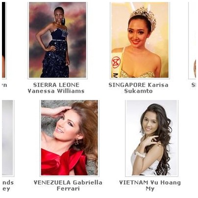 Danh sách ứng viên Hoa hậu Thế giới 2012 trên trang Global Beauties với Sukamto của Singapore (ảnh trên) và đại diện Việt Nam Vũ Hoàng My (dưới bên phải). Ảnh. Global Beauties.