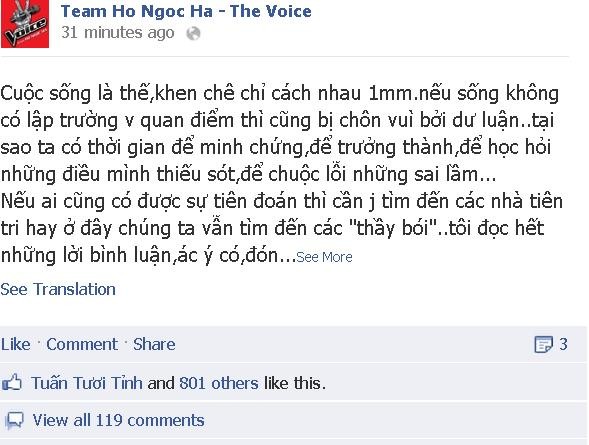 Nội dung dòng tâm sự trên fanpage Ho Ngoc Ha - The Voice