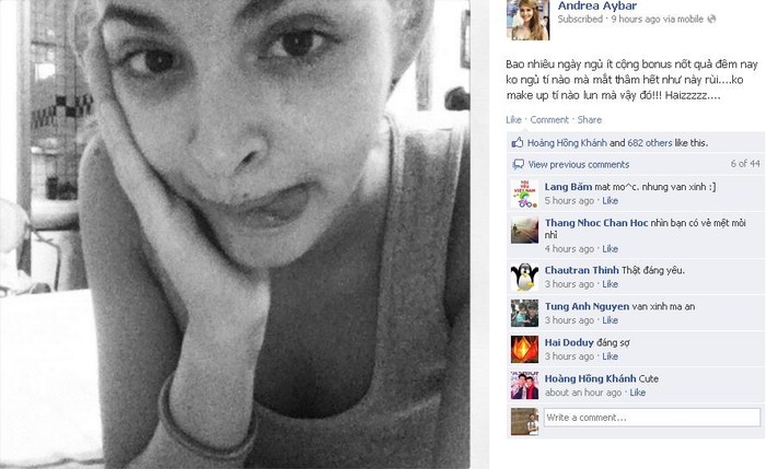 Mẫu teen Andrea vác mặt mất ngủ dọa fan facebook.