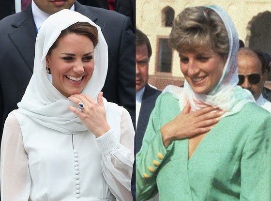 Đến Assyakirin Mosque, Malaysia vào ngày 14/9, công nương Kate khoác lên mình bộ váy nhẹ nhàng, sang trọng kết hợp với chiếc khăn quấn quanh đầu. Phong cách này của Kate gợi nhớ đến hình ảnh của công nương Diana trong chuyến công du tới Pakistan năm 1996. Ảnh. Chris Jackson.