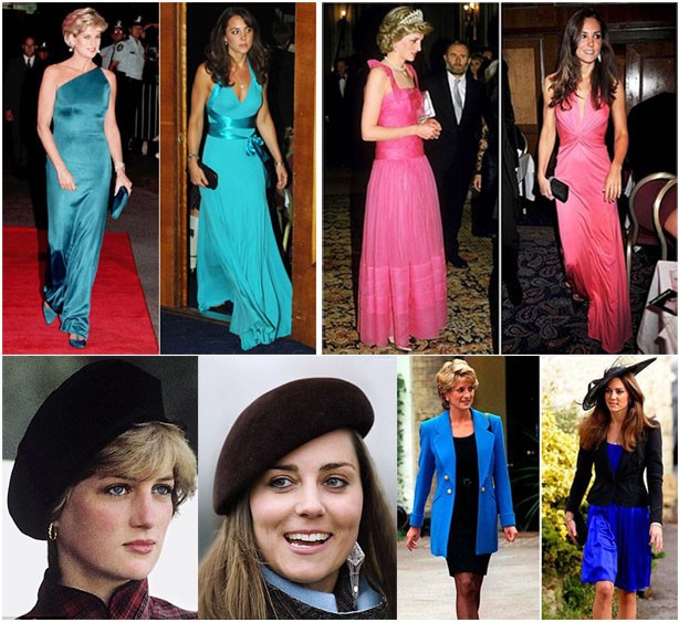 Những bức hình so sánh về phong cách ăn mặc của công nương Diana và cô con dâu Kate Middleton.