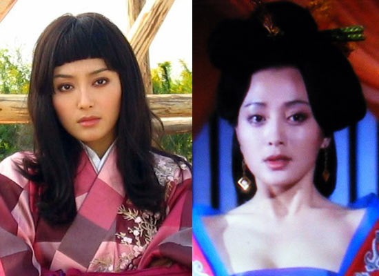 Nữ diễn viên Tần Lam với tạo hình nửa nam nửa nữ trong phim “Anh hùng Trung Hoa” khiến người xem khó hiểu về tạo hình này của cô. Và, nó trái ngược với vai diễn Võ Mỵ Nương của Tần Lam trong phim “Đại Đường tình sử” (trái) trước đó.