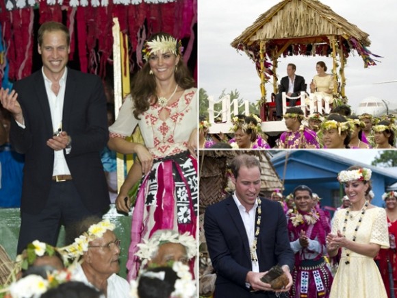 Được trang hoàng với những vòng hoa trên cổ và đầu là những món quà thể hiện lòng hiếu khách của người dân địa phương dành cho cặp đôi hoàng gia, được học nhảy và học nấu những món ăn địa phương ở Tuvalu.