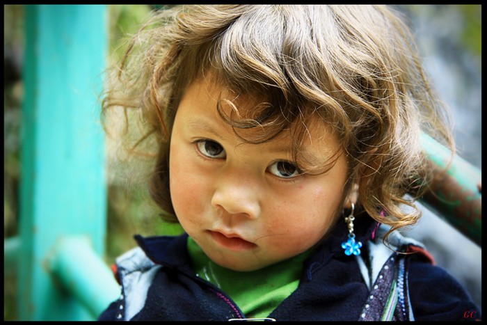 Đôi mắt tuyệt đẹp của em bé người H'Mong đen trên gương mặt tròn trịa, mái tóc uốn xoăn từng lọn và vàng ửng thật thu hút và đáng yêu.