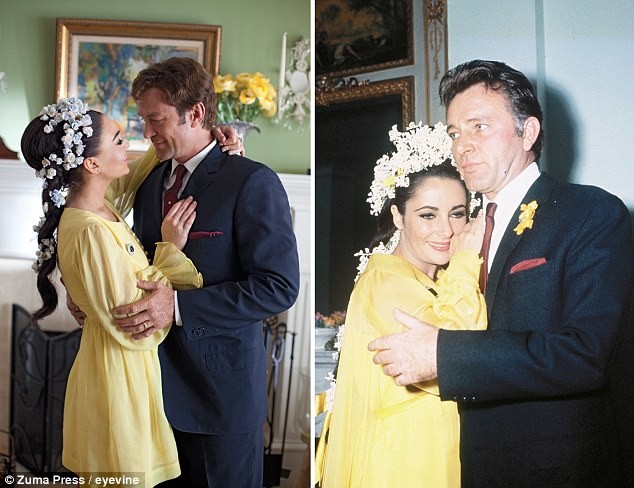 Lindsay Lohan và Grant Bowler (trái) cũng tái hiện lại những khoảnh khắc trên phim của cặp đôi Elizabeth Taylor và chồng Richard Burton (phải).