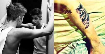 Bức hình đen trắng và hình xăm mới hình con cú trên tay của Bieber cùng dòng thông điệp "Lingse".