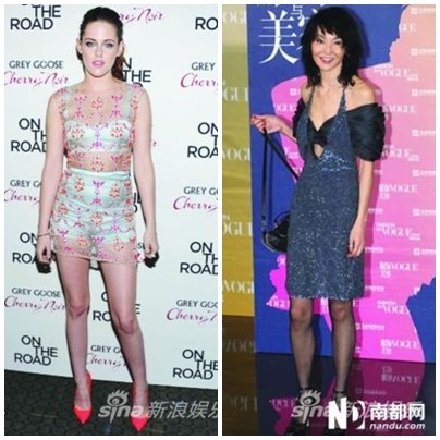 Kristen Stewart (trái) và Trương Mạn Ngọc góp mặt trong danh sách 10 sao nữ mặc xấu nhất thảm đỏ Hollywood 2012.