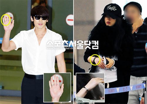 Chiếc nhẫn đeo trên tay của Bi Rain (trái) và Jeon Ji Hyun được coi là nhẫn đôi.