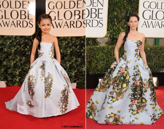 Trước đó, Tricia Messeroux cũng đã thực hiện bộ ảnh nhái các ngôi sao nổi tiếng Hollywood trên thảm đỏ lễ giao trải Golden Globes. Trong hình là đả nữ gốc Hoa Lucy Liu – Lưu Ngọc Linh (phải) và phiên bản nhí.