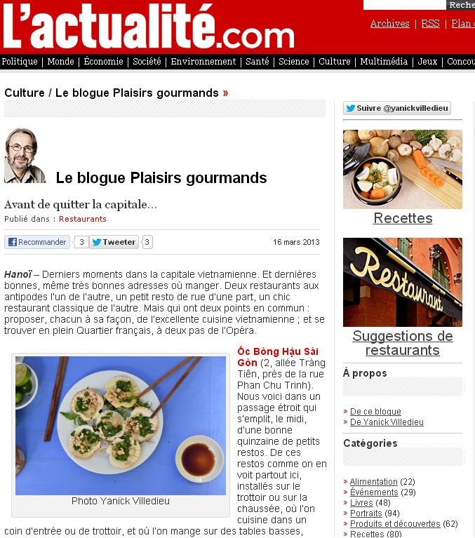 Bài viết của phóng viên ẩm thực Yanick Villedieu về Ốc Bông Hậu trên tờ L’Actualité.