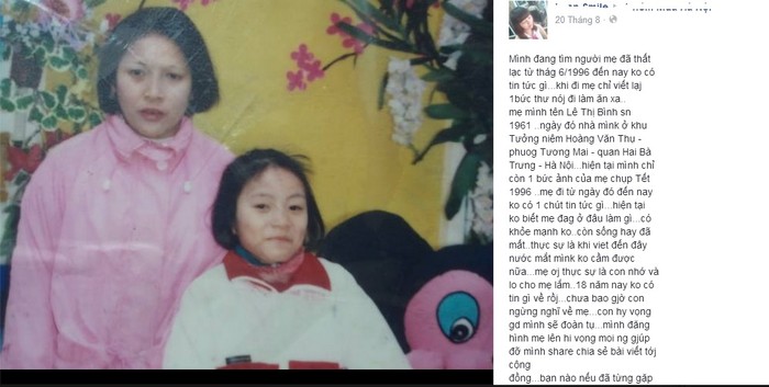 Nội dung chia sẻ về việc tìm mẹ thất lạc 18 năm của Vương Thị Lan được cộng đồng mạng theo dõi.