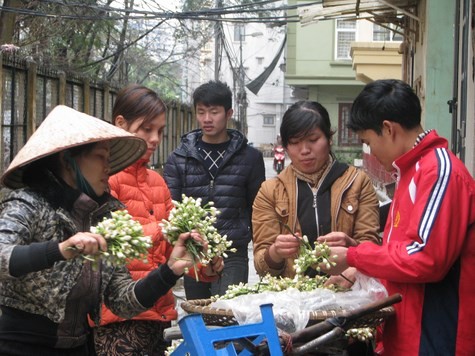 Ngay từ sáng sớm, hoa bưởi bán rong đã được nhiều người dân Hà Nội tìm mua.