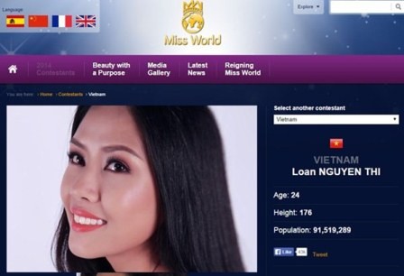 Trang web Miss World đưa tin Nguyễn Thị Loan sẽ đại diện Việt Nam tham dự