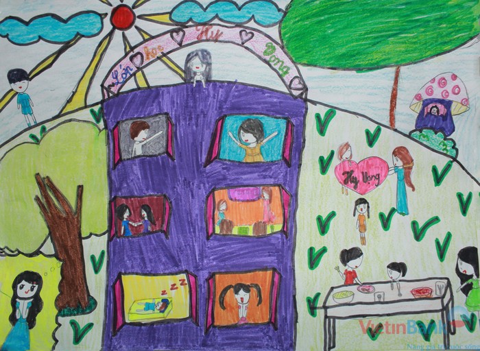 Em vẽ bức tranh "lớp học hy vọng" với mong muốn sẽ được trau dồi kiến thức cho các bạn học sinh mắc bệnh ung thư và đông thời động viên các bạn mau chóng khỏi bệnh.