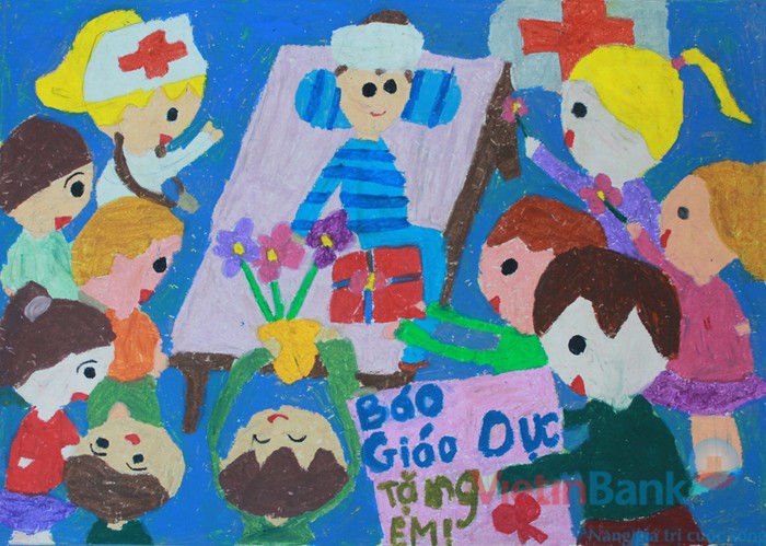 Ý tưởng của bức tranh em vẽ là: em cùng báo giáo dục giúp đỡ các em nhỏ trong bệnh viện