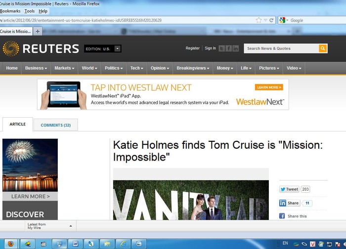 Trang Reuters đưa tin: Katie Holmes cảm thấy Tom Cruise là "Nhiệm vụ bất khả thi"