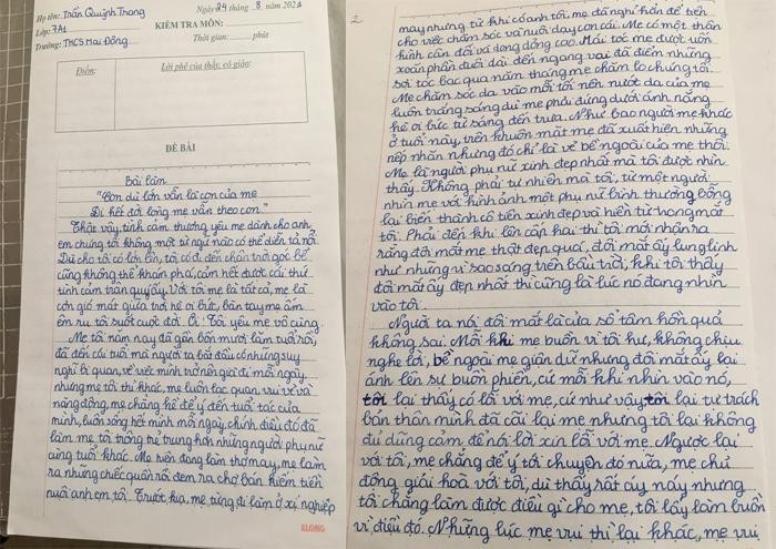 Một bài kiểm tra viết tả về mẹ của học sinh Trần Quỳnh Trang học lớp 7A1 của cô Mai Hương, viết về mẹ dài hơn 3 trang, tràn ngập cảm xúc.