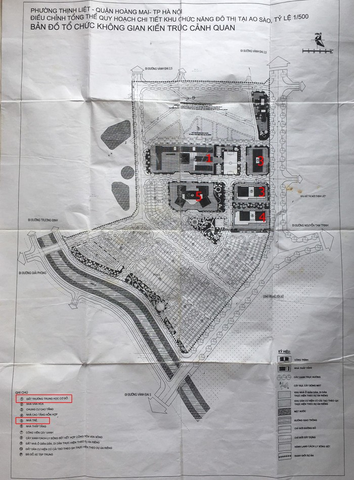 Theo bản đồ quy hoạch, ô đất số TH (đánh dấu số 1) là nơi xây dựng trường trung học cơ sở; Ô đất NT (đán dấu số 5) là xây dựng trường mầm non; 2 ô đất CT1 (số 3) và CT2 (số 3) được xây dựng chung cư cao tầng và ô đất cuối cùng là nhà cao tầng hỗn hợp. (Ảnh: NVCC)