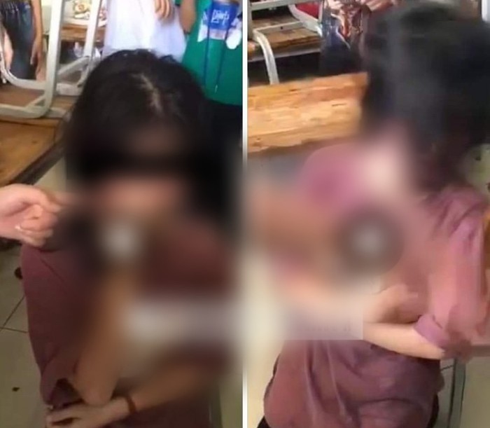 Clip lan truyền trên mạng xã hội ghi lại hình ảnh nữ sinh bị đánh, bắt quỳ. (Nguồn: MXH)