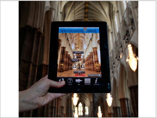 Abbey 3D - một ứng dụng cho Android, iPhone và iPad được hiển thị tại tu viện Westminster, trung tâm London hồi tháng Tư năm ngoái. Ứng dụng này cho phép người sử dụng “đi bộ ảo” lên lối đi của tu viện Westminster - nơi tổ chức lễ thành hôn của Hoàng tử William và Kate Middleton.