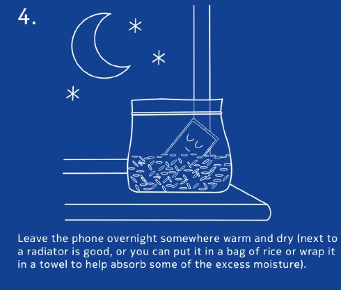 Đặt smartphone ở nơi ấm và khô khoảng 8 tiếng (trong thùng gạo hoặc gần lò sưởi và cũng có thể là buộc vào trong một chiếc khăn để hút hết những hơi ẩm còn sót)