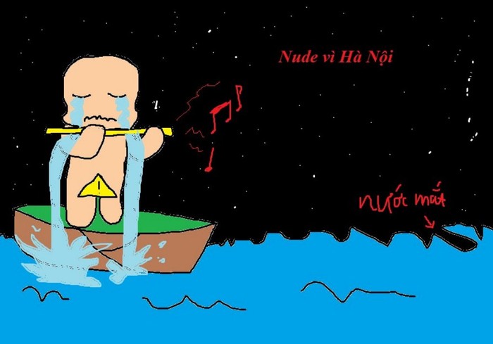 Một bức ảnh tái hiện cảnh Hà Nội lụt lội của Vũ Song Vũ. Vũ cho biết cậu "biến tấu" bức vẽ này từ một cậu bạn trên facebook.