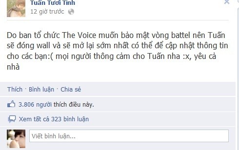 Thí sinh The Voice Việt có nhiều fan nhất hiện nay (khoảng 60.000 like Fanpage, 59.000 người theo dõi), Bùi Anh Tuấn thông báo tạm "khóa" tài khoản Facebook.