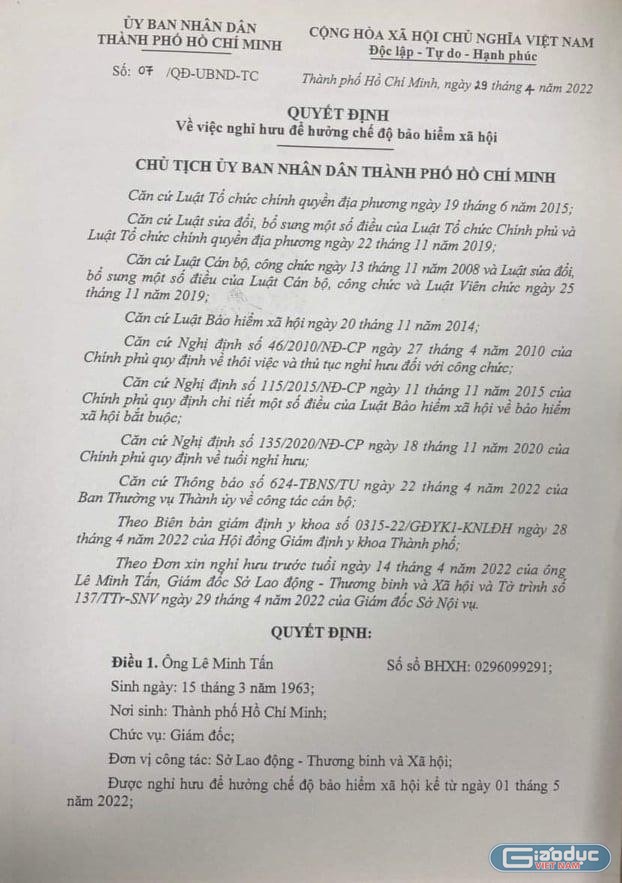 Văn bản của Uỷ ban nhân dân Thành phố Hồ Chí Minh cho ông Lê Minh Tấn nghỉ hưu trước tuổi (ảnh: Lê Phương)