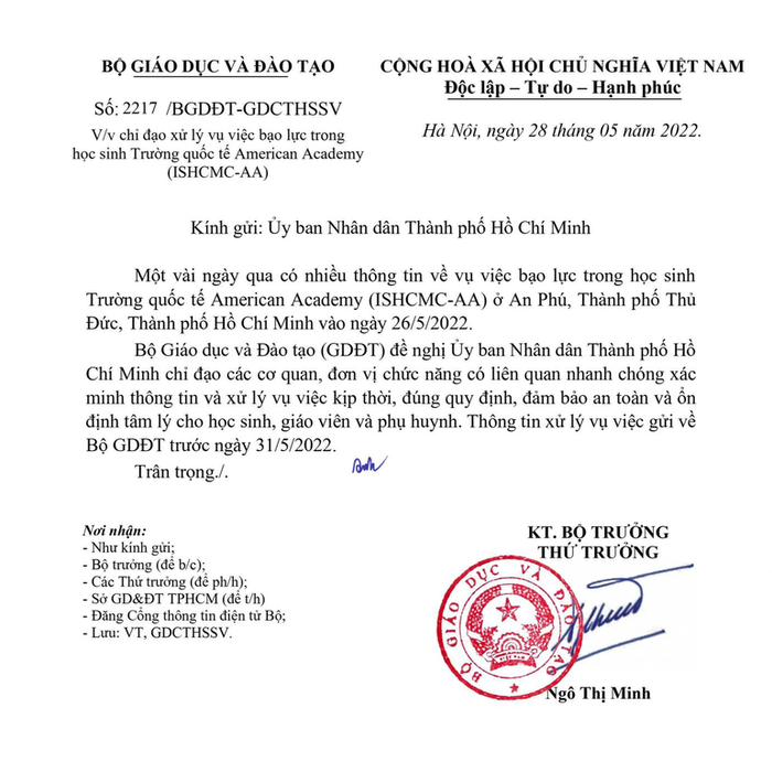 Văn bản của Bộ Giáo dục và đào tạo gửi Uỷ ban nhân dân TP.HCM chỉ đạo xử lý vụ việc tại trường Quốc tế Thành phố Hồ Chí Minh