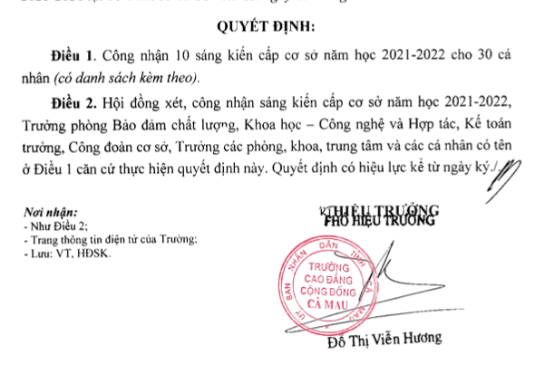 Quyết định công nhận sáng kiến cấp cơ sở do Thạc sĩ Đỗ Thị Viễn Hương ký (ảnh chụp từ văn bản)