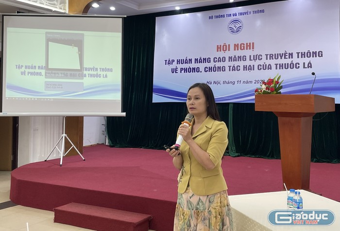 Thạc sỹ Nguyễn Thị Thu Hương - đại diện Quỹ Phòng, chống tác hại của thuốc lá chia sẻ tại Hội nghị.